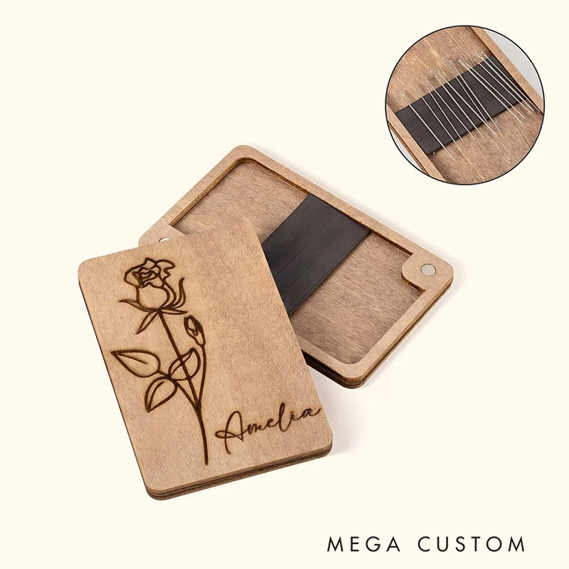 Personalized Birth Flower Wooden Magnetic Needle Box with Name Birthday Mother’s Day Gift for Sewing Lover
