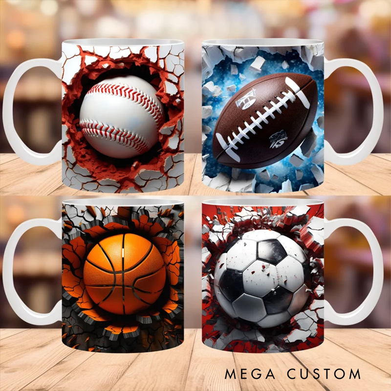 Personalized Sports Mug Set with Baseball, Football, Basketball, and Soccer Designs – Perfect Gift for Sports Lovers