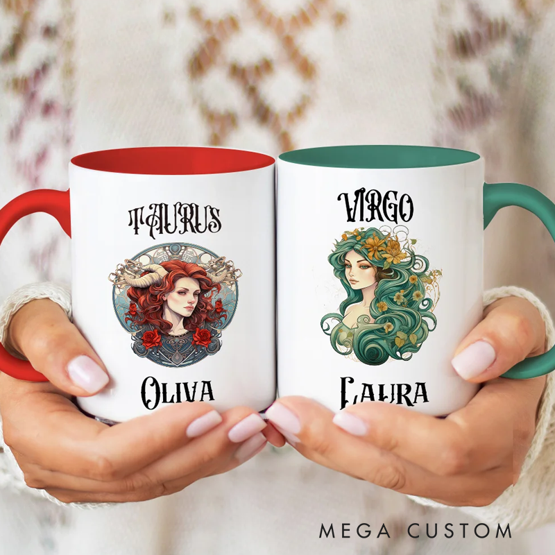 Personalized Zodiac Sign Constellation Colorful Cup Handle Ceramic Coffee Mug with Name Birthday Astrology Gift for Zodiac Lovers