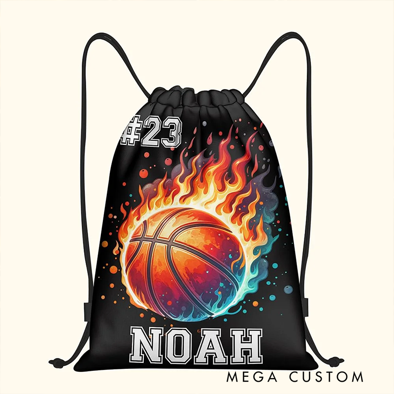 Personalized Sports Drawstring Bag with Flaming Basketball Soccer Volleyball and Baseball Designs Custom Name and Number Backpack