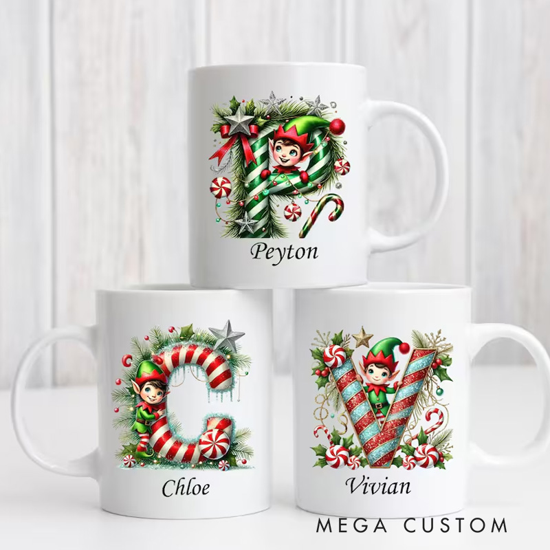 Personalized Festive Initial Mug with Holiday Decorations and Custom Name for Cheerful and Unique Gift Mug
