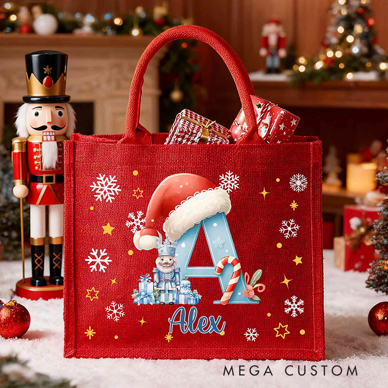 Personalized Gift Sack Custom Name with Pink or Blue Letters Christmas Nutcracker Initial Name Red Burlap Bag 