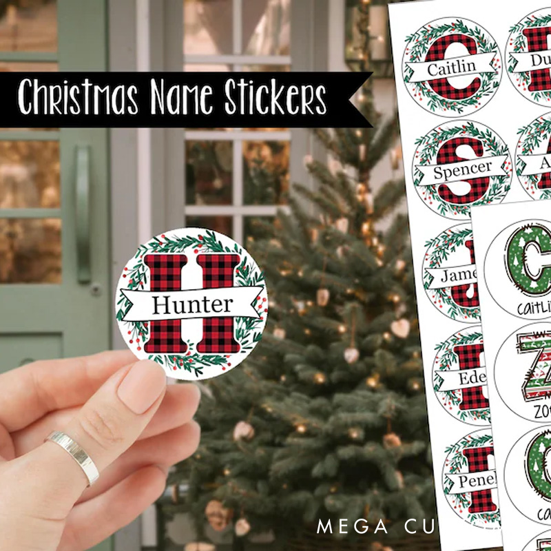 Personalized Plaid Initial Sticker with Festive Greenery and Custom Name for Unique Holiday Gift Wrapping Sticker