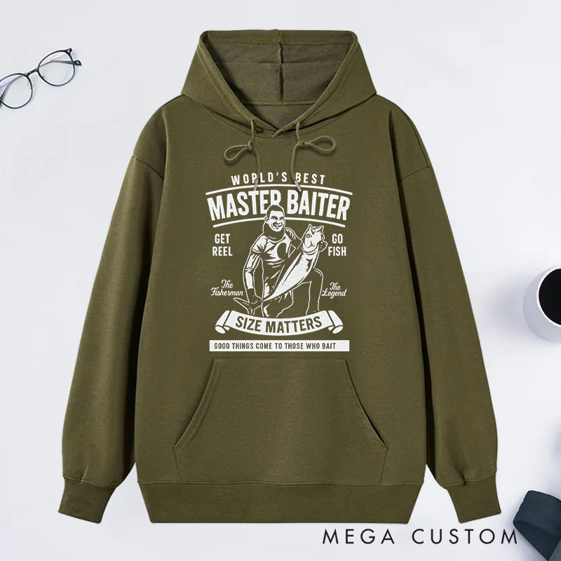 Personalized Funny Fishing Hoodie Custom Photo Hoodie World's Best Master Baiter Design Warm and Comfortable Gift for Fishermen and Humor Lovers