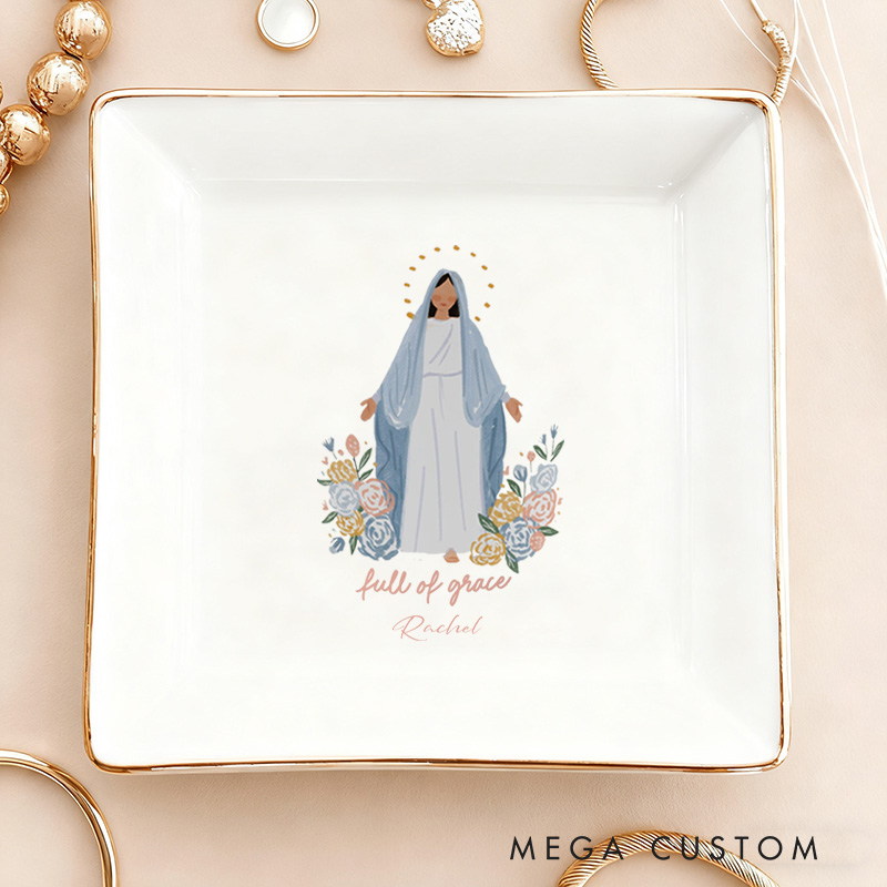 Personalised Full of Grace Virgin Mary Ceramic Jewelry Dish with Name Catholic Religious Gift Birthday Gift for Women and Girls 