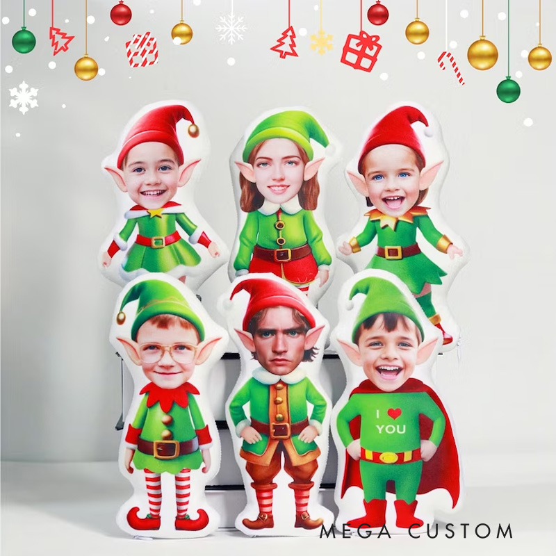 Personalized Elf Character Pillow with Custom Faces and Festive Holiday Attire for Playful Christmas Decor Pillow