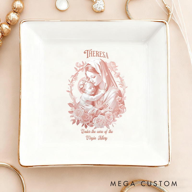 Personalised Virgin Mary Ceramic Jewelry Dish with Name Catholic Religious Gift Birthday Gift for Women and Girls 