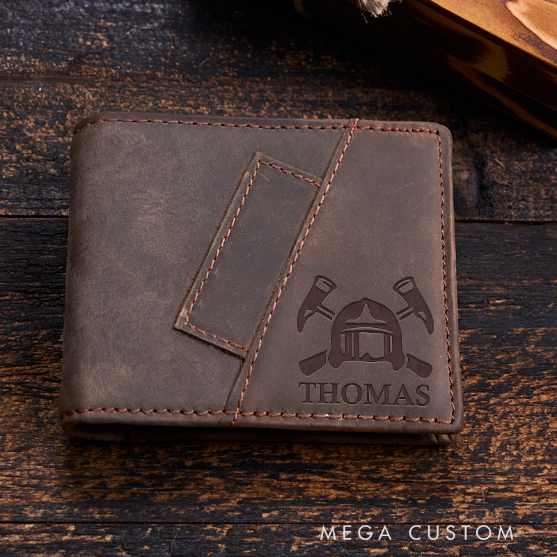 Personalized Firefighter Leather Wallet Engraved Wallet Crazy Horse Wallet Birthday Gift for Him Groomsman Gift Boyfriend Gift Dad Gift Husband Gift