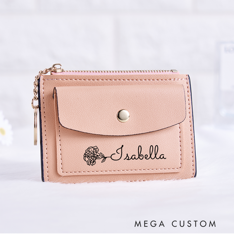 Personalized Leather Wallet for Girl Birth Flower Wallet for Her Credit Card wallet Leather Wallet With Zipper Purse Wallet Cute wallet Unique Gift for Her Birthday Gifts