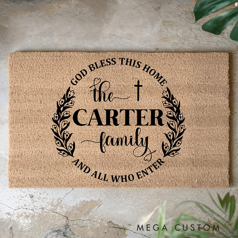 Personalized God Bless This Home Doormat with Family Name Non-Slip Durable Front Door Decor Outdoor Decor Religious Family Gift Christian Home Gift