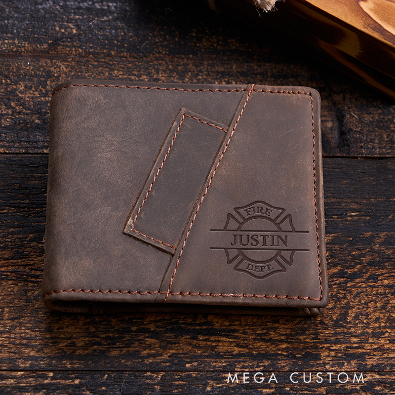 Personalized Firefighter Leather Wallet Engraved Wallet Crazy Horse Wallet Birthday Gift for Him Groomsman Gift Boyfriend Gift Dad Gift Husband Gift