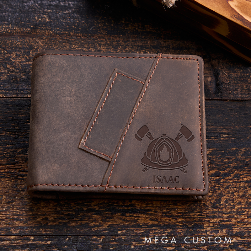 Personalized Firefighter Leather Wallet Engraved Wallet Crazy Horse Wallet Birthday Gift for Him Groomsman Gift Boyfriend Gift Dad Gift Husband Gift