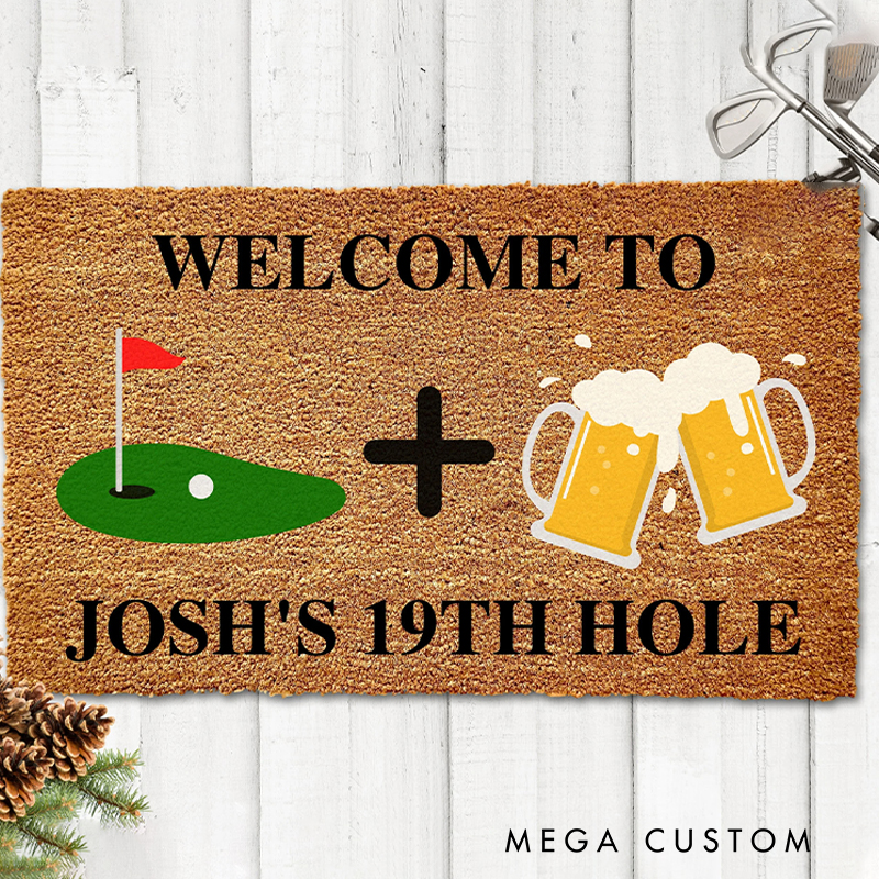 Personalized "Welcome to the 19th Hole" Doormat with Golf and Beer Theme  
