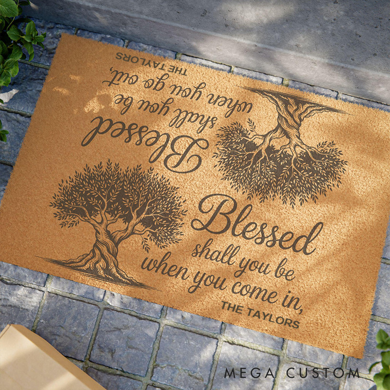 Personalized Blessed Shall You Be Deuteronomy 28:6 Doormat with Family Name Non-Slip Durable Front Door Decor Bible Verse Welcome Mat Religious Gift