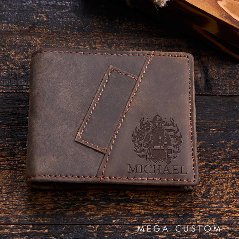 Personalized Firefighter Leather Wallet Engraved Wallet Crazy Horse Wallet Birthday Gift for Him Groomsman Gift Boyfriend Gift Dad Gift Husband Gift