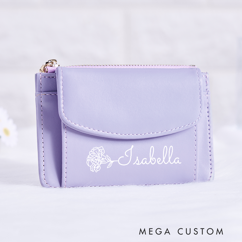 Personalized Leather Wallet for Girl Birth Flower Wallet for Her Zipper Wallet Purse Wallet Credit Card wallet Cute wallet Women's Purse Unique Gift for Her Birthday Gifts
