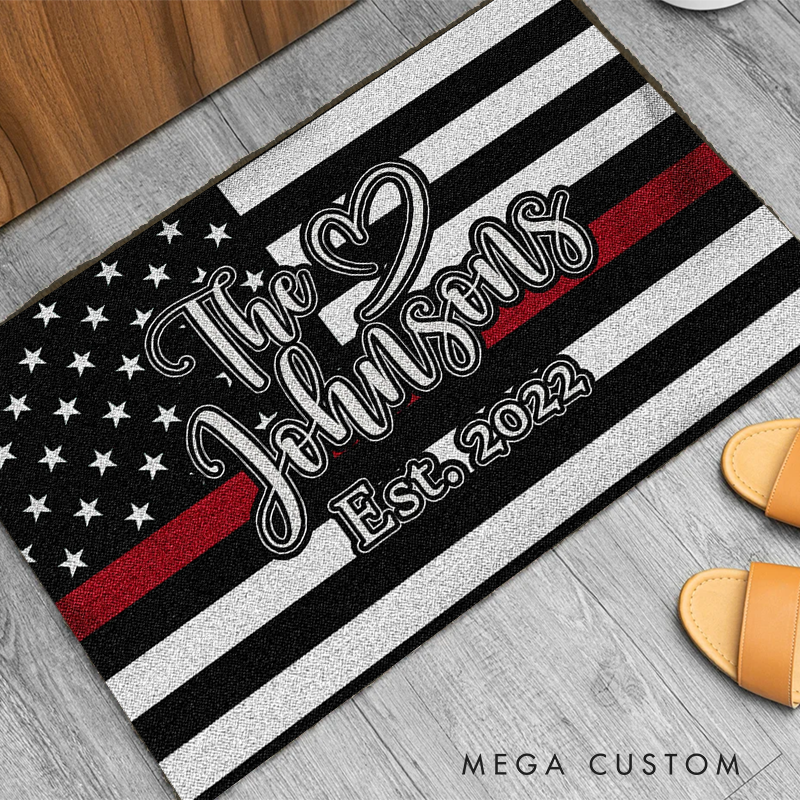 Personalized Firefighter Doormat with American Flag Thin Red Line and Family Name Design Gift for Firefighter Families