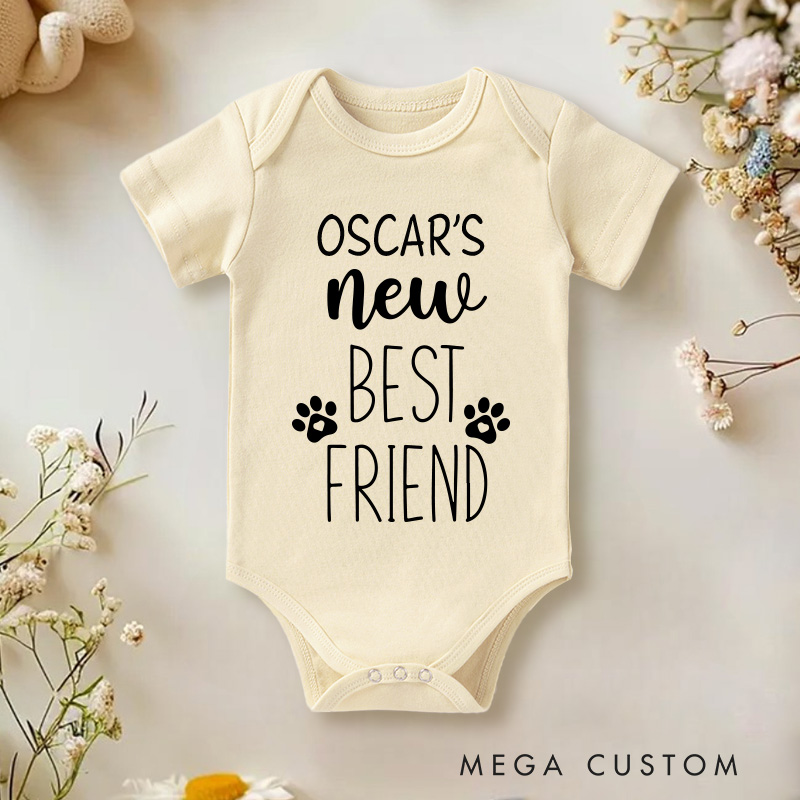Personalized New Best Friend Baby Onesie with Dog Name New Baby Girl Boy Gift