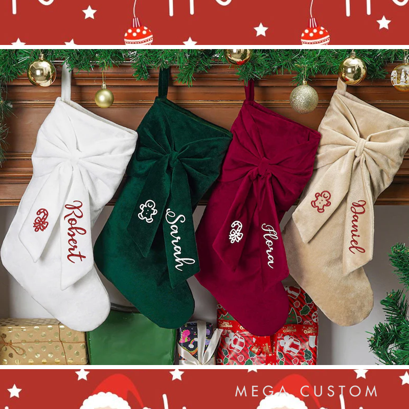 Personalized Bow Christmas Stocking 2025 Embroidered Christmas Stocking Velvet Christmas Stocking with Name Christmas Gift Family Decor