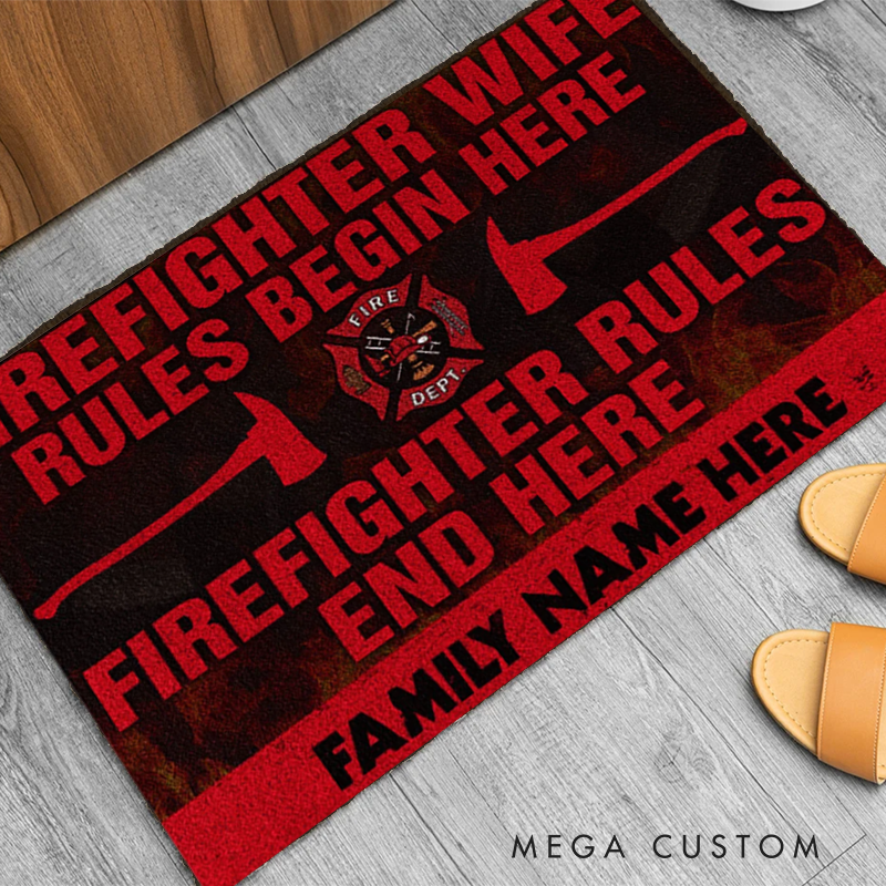 Personalized Firefighter Doormat Firefighter Wife Rules Design and Family Name Gift for Firefighter Families