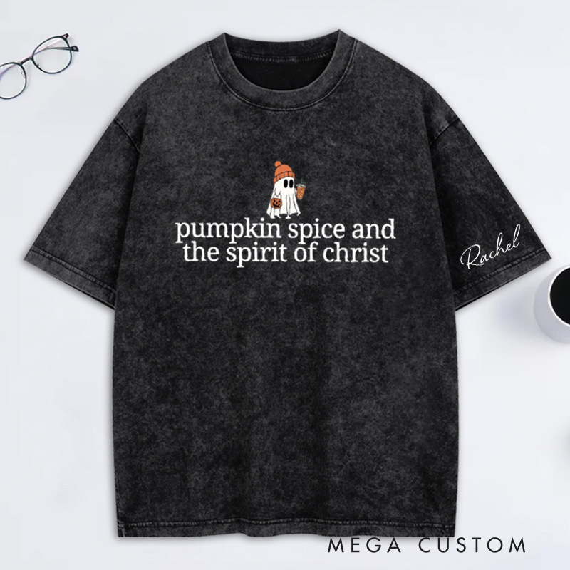 Personalized Cute Ghost Pumpkin Spice Washed T-Shirt with Name Halloween Gift Religious Gift for Christians