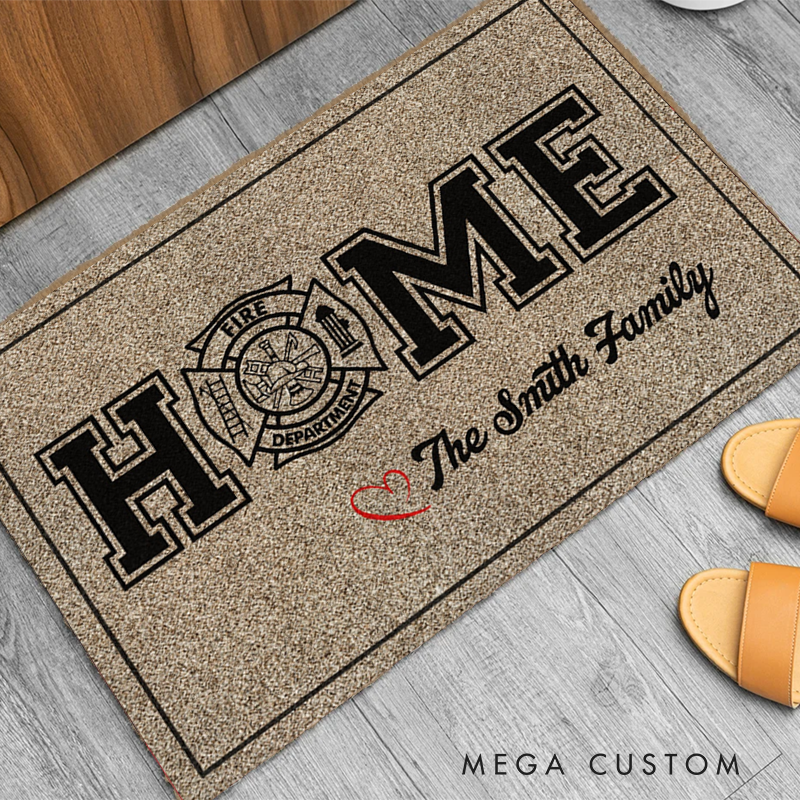 Personalized Firefighter Doormat with Home Design Fire Department Emblem and Family Name Gift for Firefighter Families