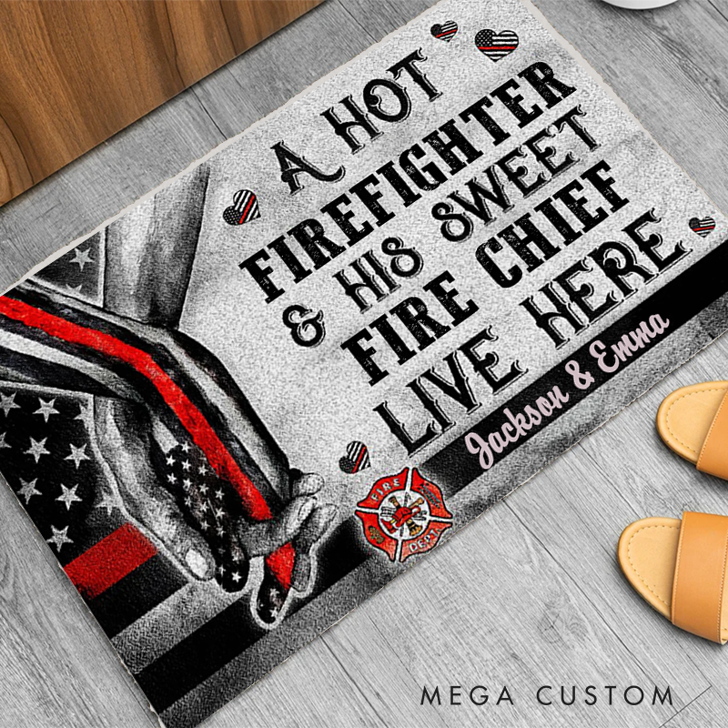 Personalized Firefighter Doormat with Hot Firefighter and Sweet Fire Chief Design and Couple's Names Gift for Firefighter Couples
