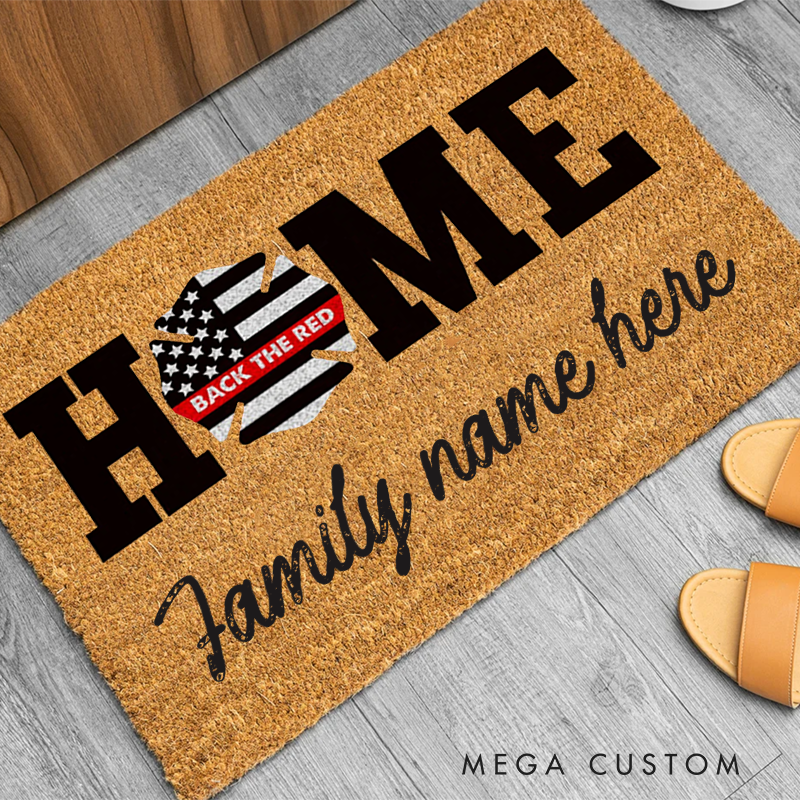 Personalized Firefighter Doormat with Home Back the Red Design and Family Name Gift for Firefighter Families