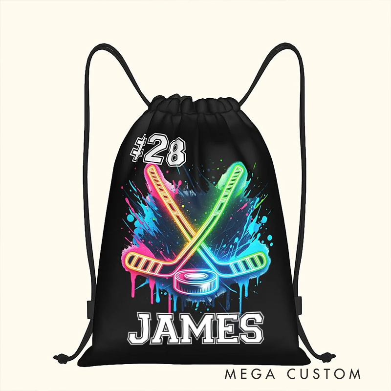 Personalized Ice Hockey Drawstring Bag Custom Name and Number with Neon Stick Design