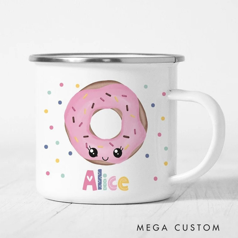 Personalized Donut Mug Kids Mug with Name Polka Dot Donut Enamel Mug for Baker Birthday Party Donut Party Favors