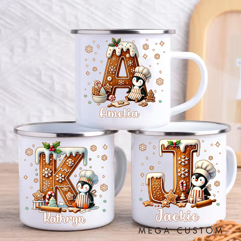 Personalized Cute Penguin Cookie Initial Kids Mug with Name 12 oz Enamel Mug for Kids Christmas Birthday Gift for Boys Girls