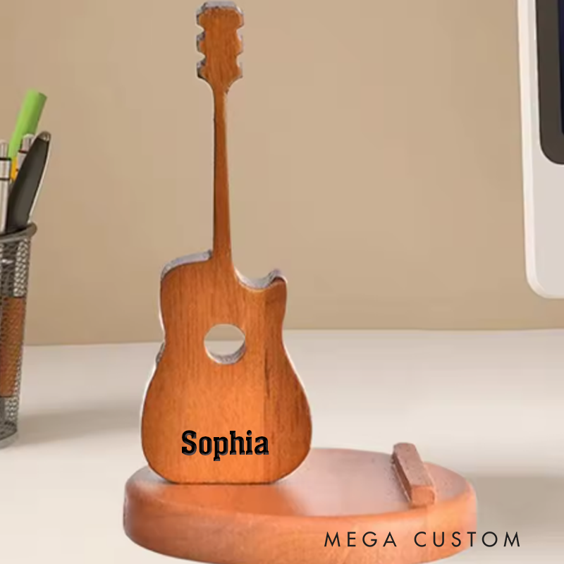 Personalized Retro Wooden Guitar Shaped Phone Stand Guitar Pick Storage Case with Engraved Name Birthday Gift for Guitar Players Music Lovers