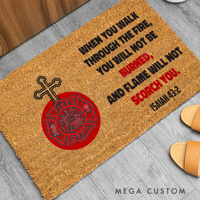 Personalized Firefighter Doormat Stand Outside Warning Message and Fire Department Emblem Gift for Firefighter Families