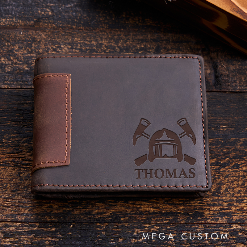 Personalized Leather Wallet For Firefighter Engraved Crazy Horse Wallet Mens Wallet Groomsmen Wallet Boyfriend Gift Dad Gift Husband Gift