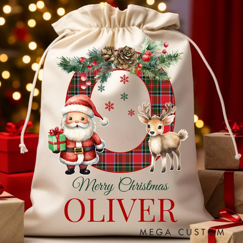 Personalized Santa and Reindeer Christmas Bag with Festive Plaid and Custom Name for Joyful Gift Giving Christmas Bag