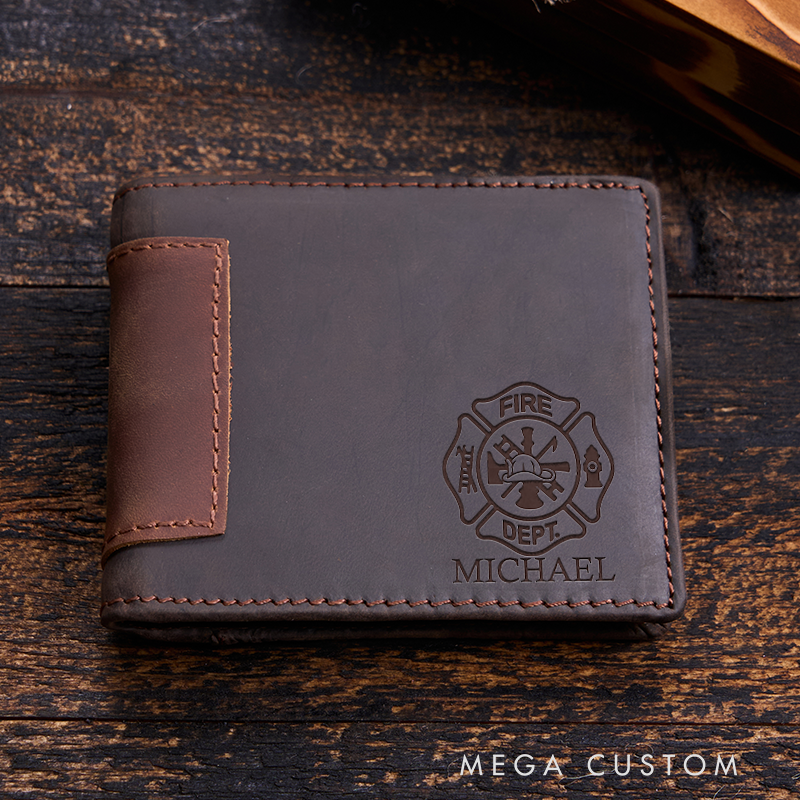 Personalized Leather Wallet For Firefighter Engraved Crazy Horse Wallet Mens Wallet Groomsmen Wallet Boyfriend Gift Dad Gift Husband Gift