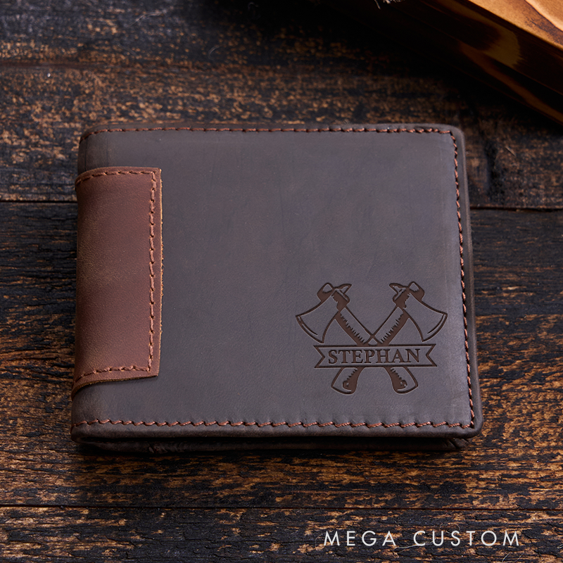 Personalized Leather Wallet For Firefighter Engraved Crazy Horse Wallet Mens Wallet Groomsmen Wallet Boyfriend Gift Dad Gift Husband Gift