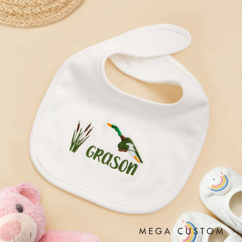 Personalized Embroidered Mallard Duck Reed Soft 100% Cotton Baby Bib with Name Feeding Accessory Baby Shower Welcome Christmas Gift for Baby Kid