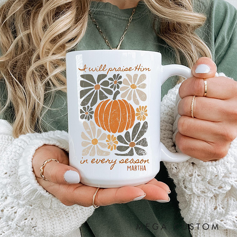 Personalized Boho Fall Mug Pumpkin Psalm Bible Verse Ceramic Mug with Name Floral Thanksgiving Coffee Cup Fall Host Gift Christian Thanksgiving Gift