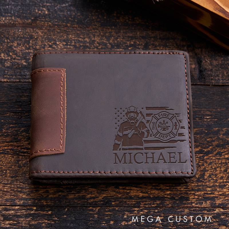 Personalized Leather Wallet For Firefighter Engraved Crazy Horse Wallet Mens Wallet Groomsmen Wallet Boyfriend Gift Dad Gift Husband Gift