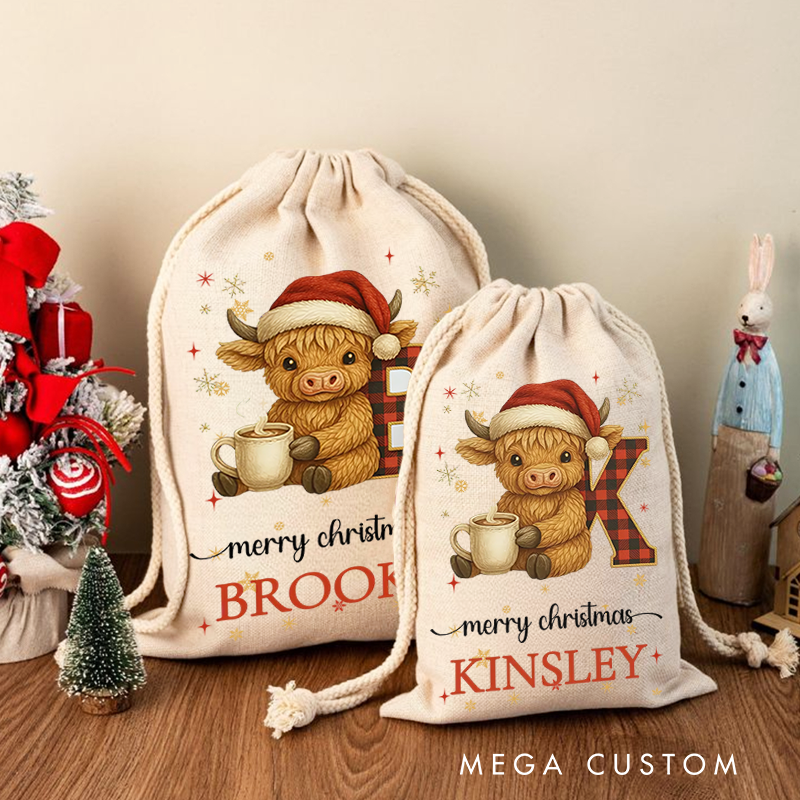 Personalized Highland Cow Santa Sack Drawstring Bag for Present Holiday Gifts BagChristmas Present Gift Bag for Him Her Kids Adults