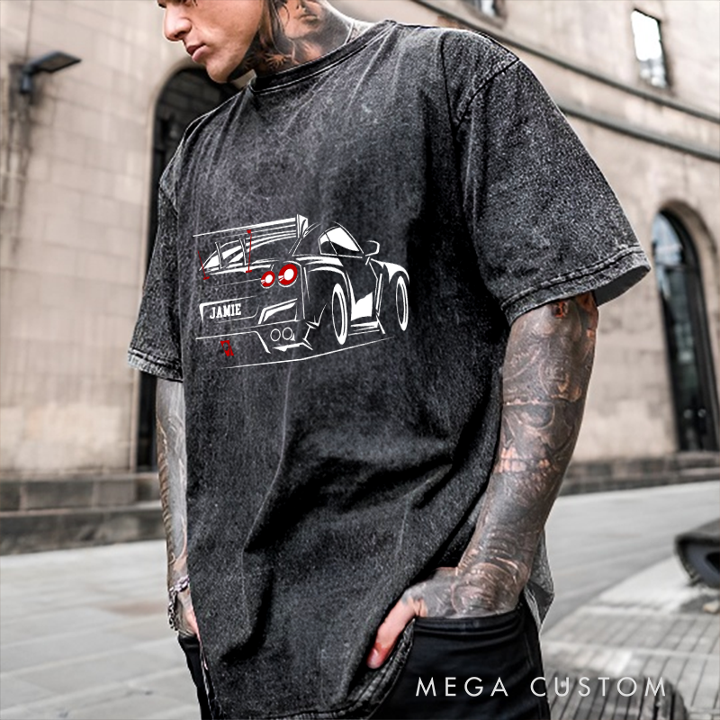 Personalized Washed T-Shirt with Custom Name Car Design Perfect Gift for Racer and Racing Lovers