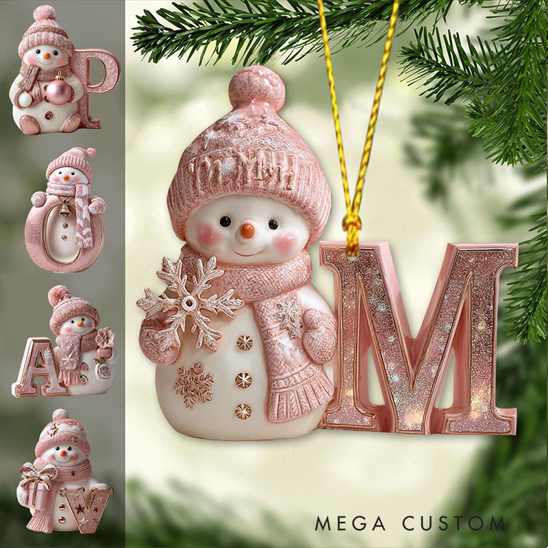 Personalized Snowman Ornament with Glittery Initial Design and Cozy Winter Details Perfect for Holiday Decor Christmas Ornament
