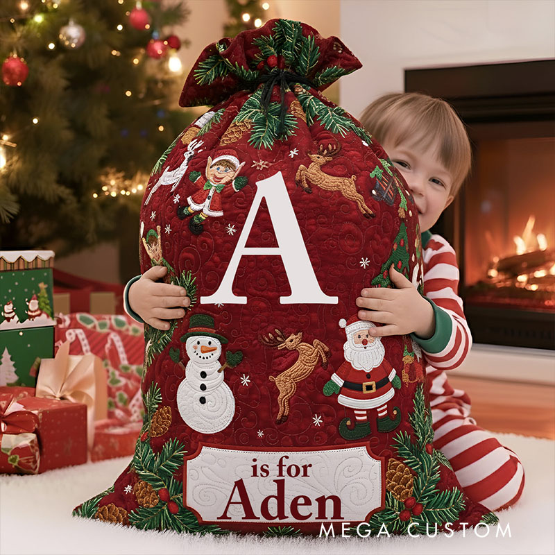 Personalized Festive Gift Sack with Initial and Name Design Featuring Holiday Icons Perfect for Joyful Celebrations Christmas Bag