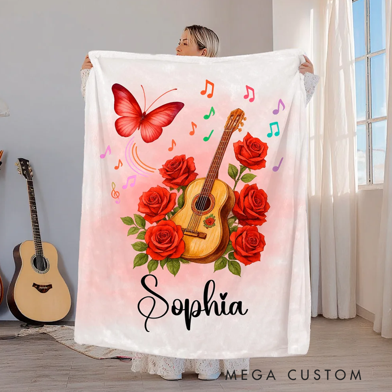 Personalized Guitar Birth Flower Butterfly Soft Throw Blanket with Name Room Decor Birthday Anniversary Gift for Guitar Enthusiasts