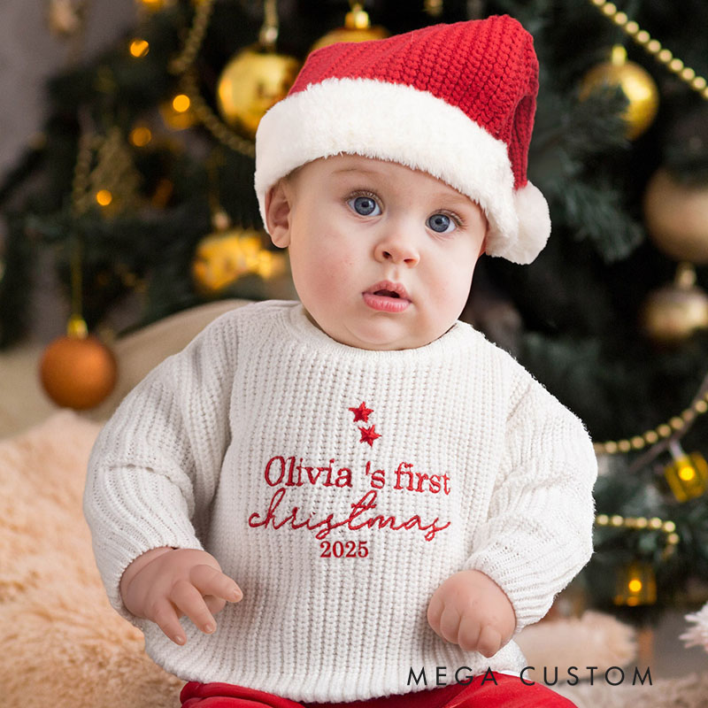 Personalized Embroidered Baby Sweater with First Christmas Design Featuring Custom Name and Year Perfect for Holiday Memories Sweater