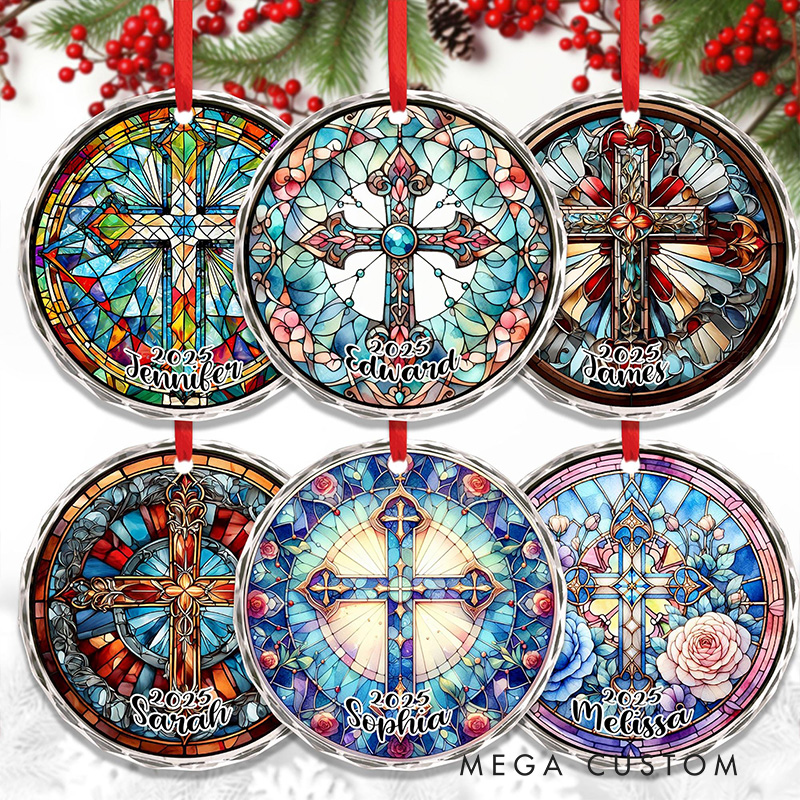 Personalized Cross Stained Glass Christmas Ornament with Name and Year Tree Decoration Christmas Christian Gift Religious Keepsake & Church Gift