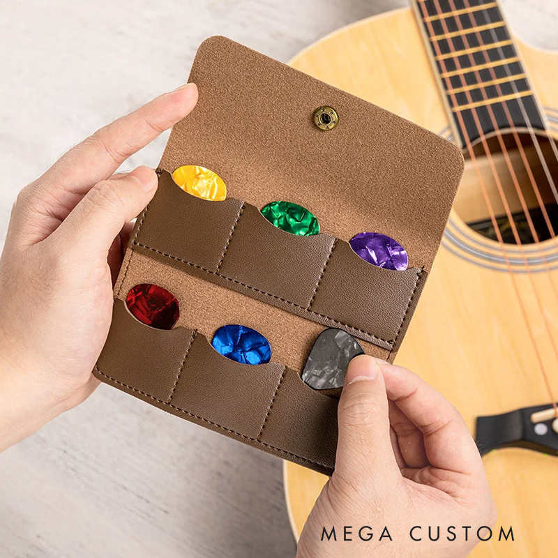 Personalized Concealed Button PU Leather Guitar Pick Holder with Name and 6 Slots Guitar Accessories Birthday Gift for Guitar Player Music Lover