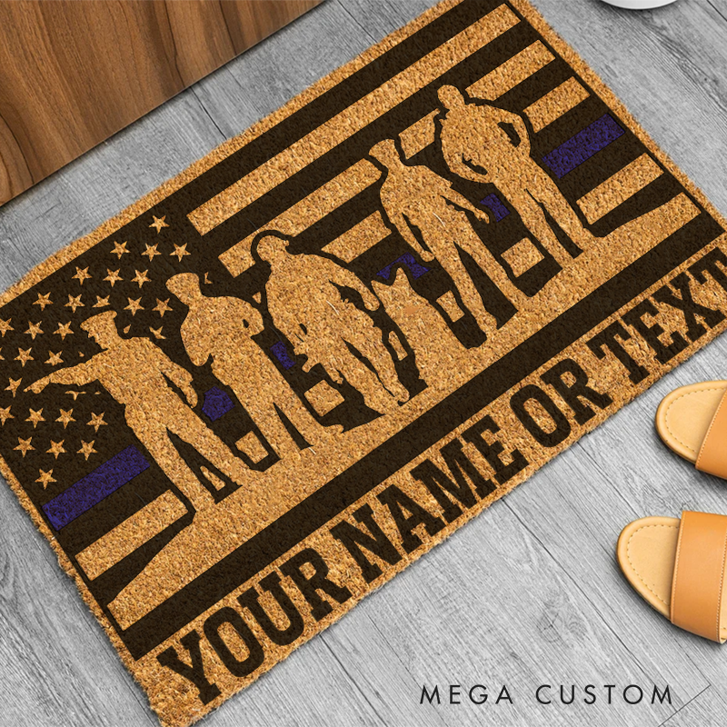 Personalized Thin Blue Line Doormat with Police Silhouette Gift for Law Enforcement Families