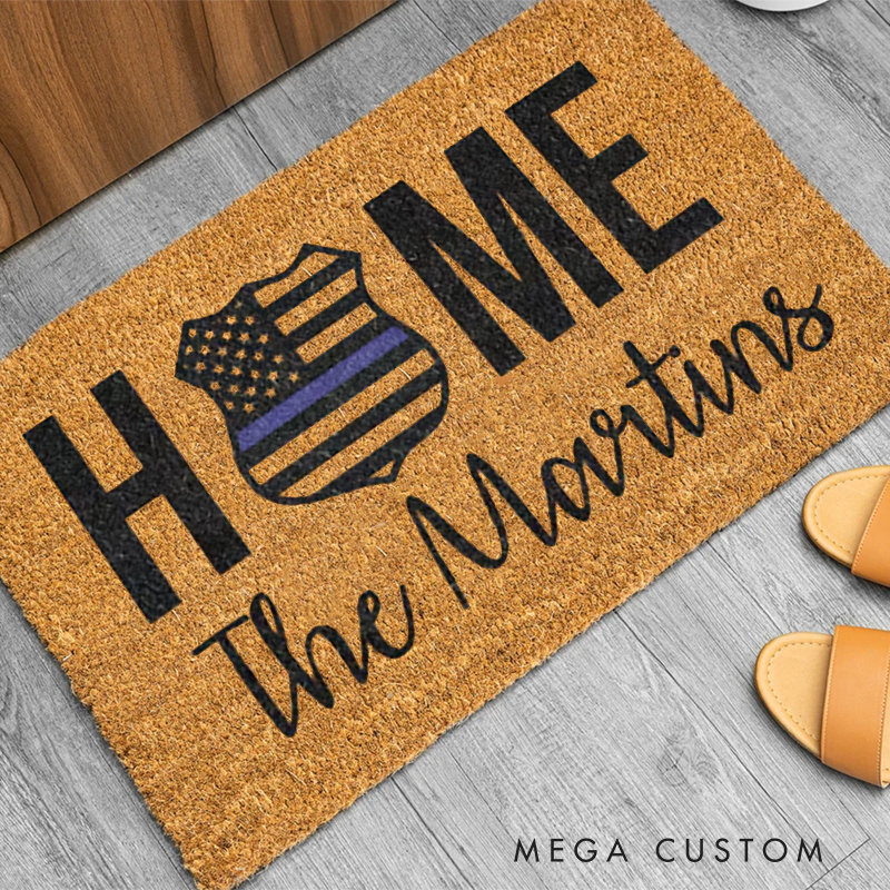 Personalized Thin Blue Line Doormat with Home Police Badge Design Gift for Law Enforcement Families